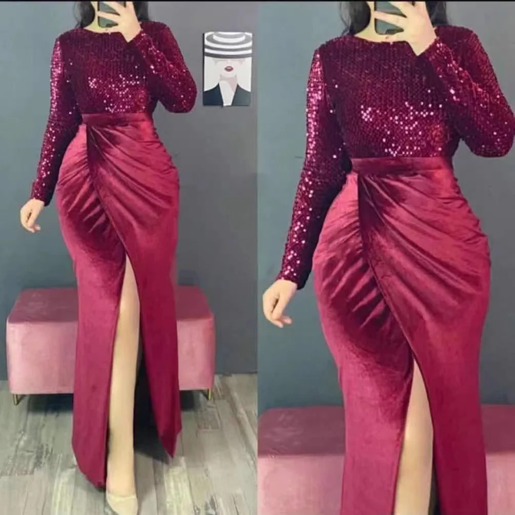 

J&H fashion high quality elegance solid color velvet sequined dress with high slit ladies long sleeve evening gown, 4 color