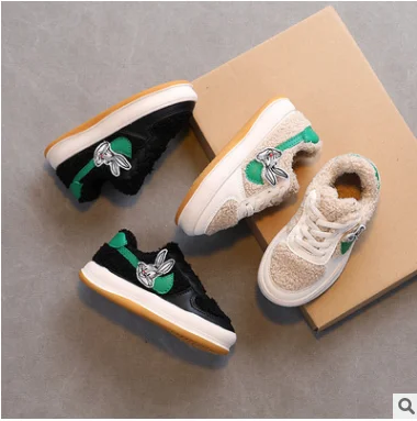 

2021 autumn and winter new kids girls' Board Shoes Plush sports boys cotton children's casual shoes, Black/beige