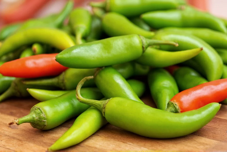Close-up of serrano peppers showing color variations from green to red on cutting board