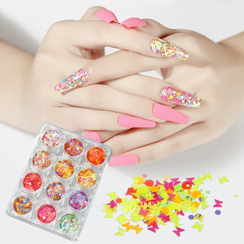 

Illusion Ultra-thin Fluorescent Sequins Mixed Color Butterfly Glitter Patch Nail Stickers, Picture