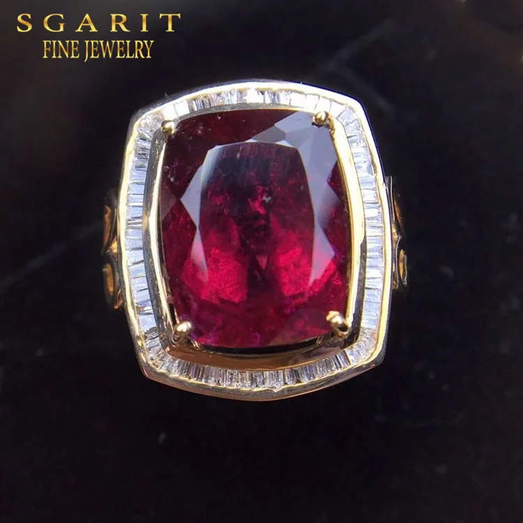 

SGARIT Saudi Arabia women classic big gemstone ring 18k gold 7.35ct natural red tourmaline ring jewelry