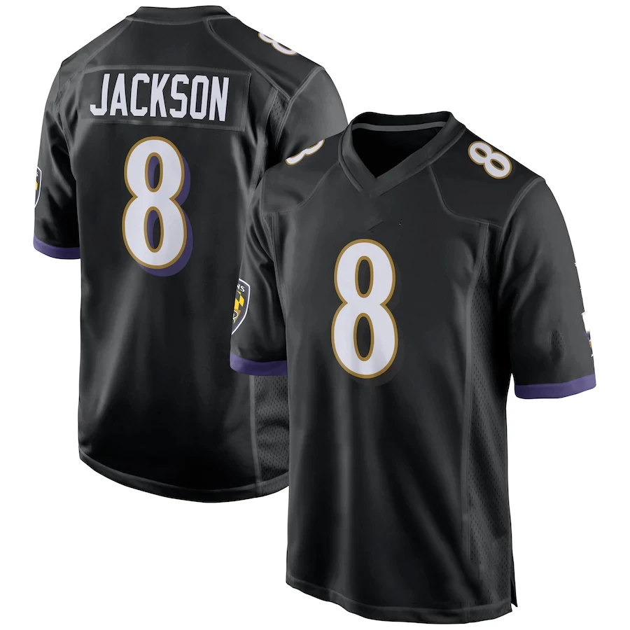 

wholesale Lamar Jackson 8 # American Football Club Uniform Customize Stitched Jersey 3D Embroidery Baltimore Raven Mens Shirts