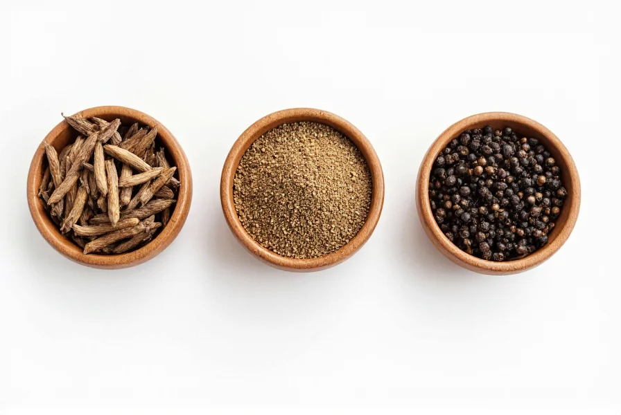 Three small bowls showing whole long pepper spikes, freshly ground long pepper, and comparison with black peppercorns