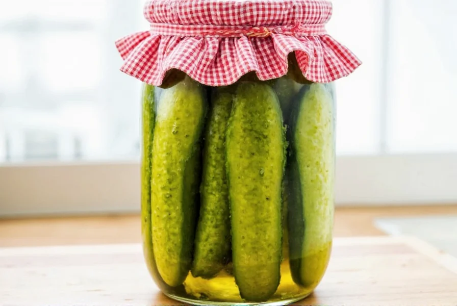 Person smiling while preparing pickles in a sunny kitchen