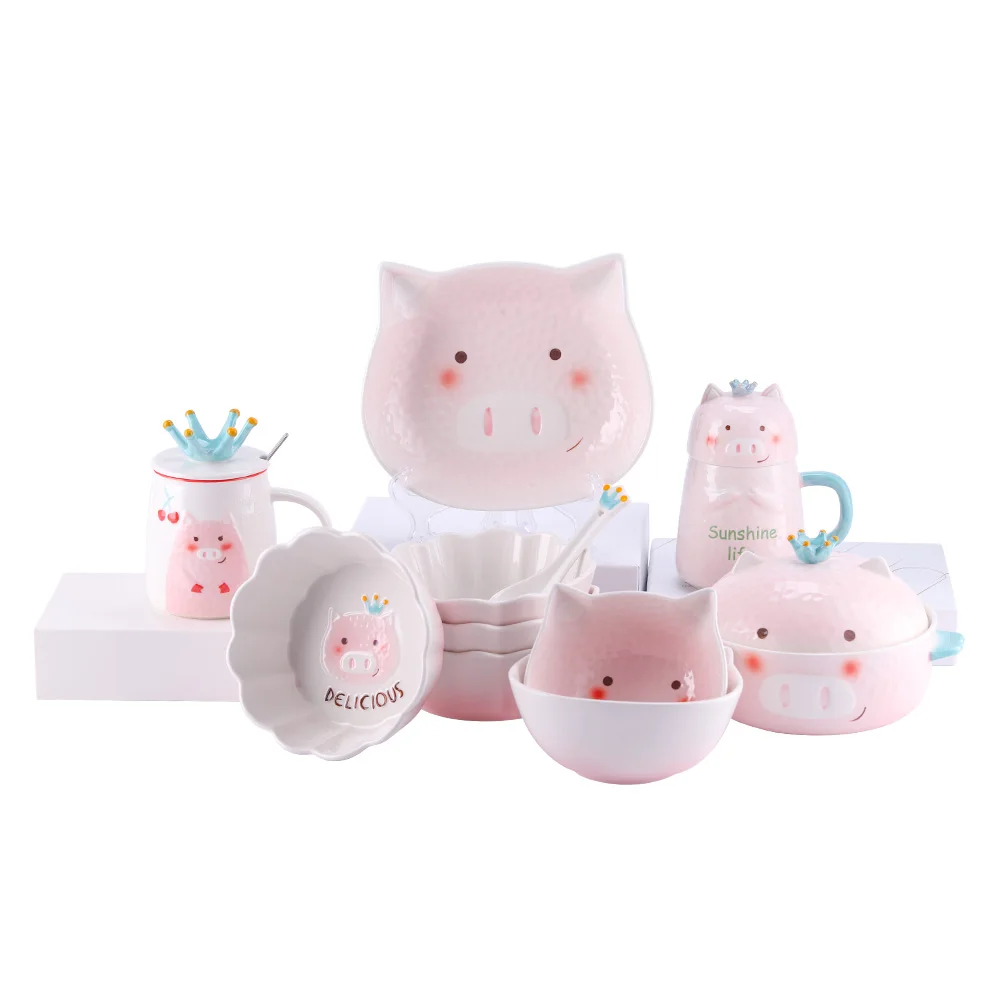 

Free Sample Cute Pig Animal Ceramic fruit salad noodle soup bowl Dinnerware Set