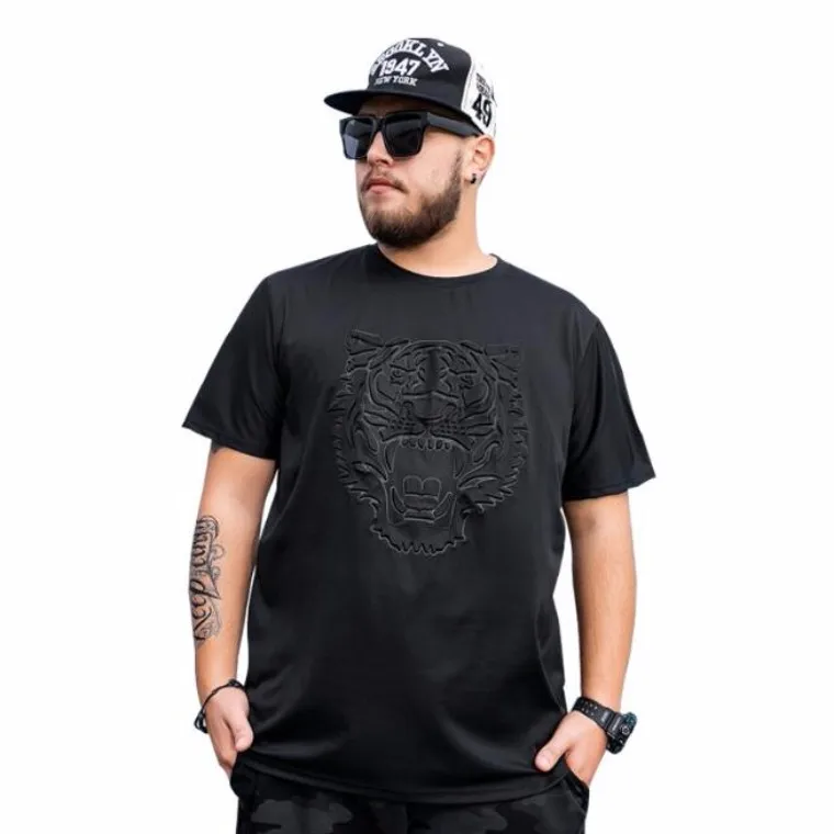

Fat fat guy big size short sleeve pure black tiger head embossed T-shirt custom wholesale