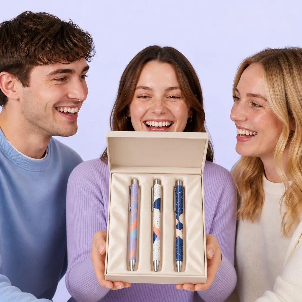 Three people smiling over an open gift box with three pens