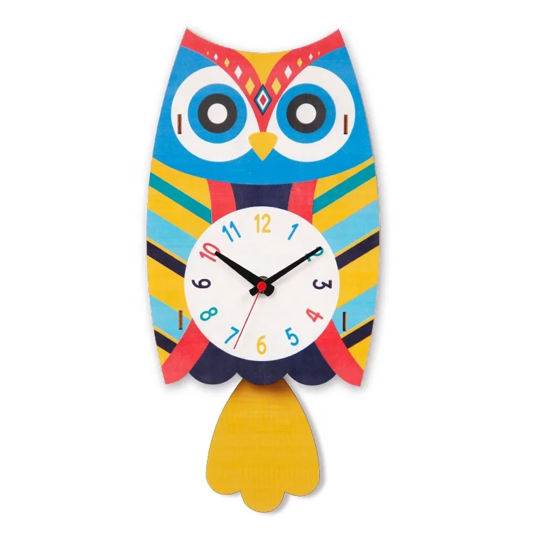 

Owl Animal Cartoon Design Decorative MDF Wooden Wall Clock with Swing Tail, Customized color