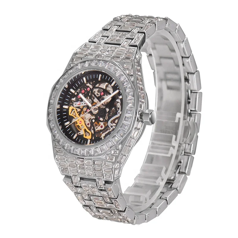 

Fashion Iced Out Baguette Diamond Men's Mechanical Watch Stainless Steel Luxury Men Sports Wrist Watches, Silver,gold