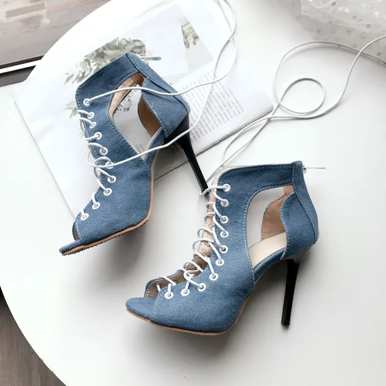

Ladies Summer Latest Sandals Denim Side Breathable High Heel Low Ankle Party Wear Size 44 Heels Shoes Women