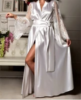

New Women Breathable Casual V-Neck Silk Dress Night Dress Sexy Lace Belted Gown Nightgown Sleepwear