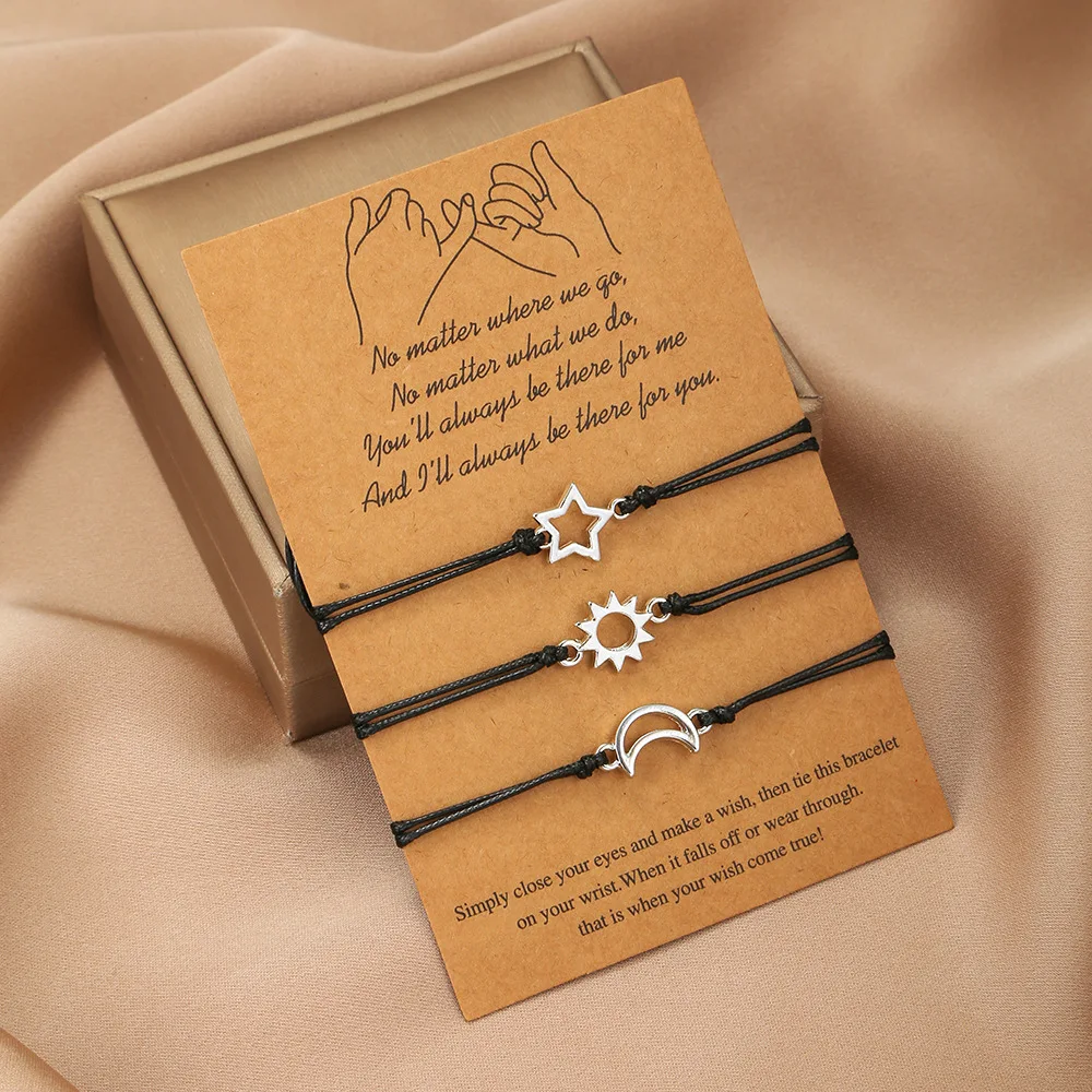 

Hotsales Wax Rope Braided Friendship Card Bracelet Fashion Adjustable Handmade Stainless Steel Sun Moon Star Bracelet