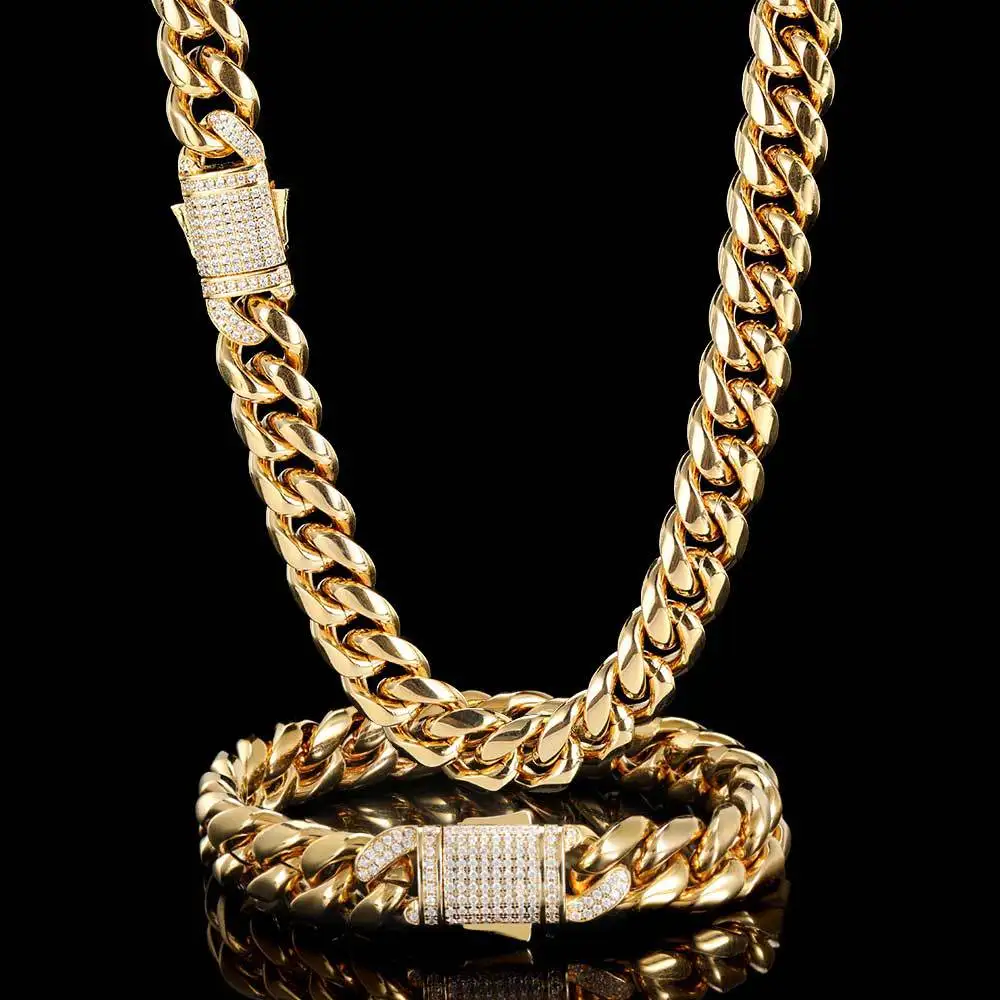 10mm 18k Gold Plated Curb Cuban Link Chain Mens Hip Hop Cuban Necklace Spring Buckle Miami Stainless Steel Cuban Chains