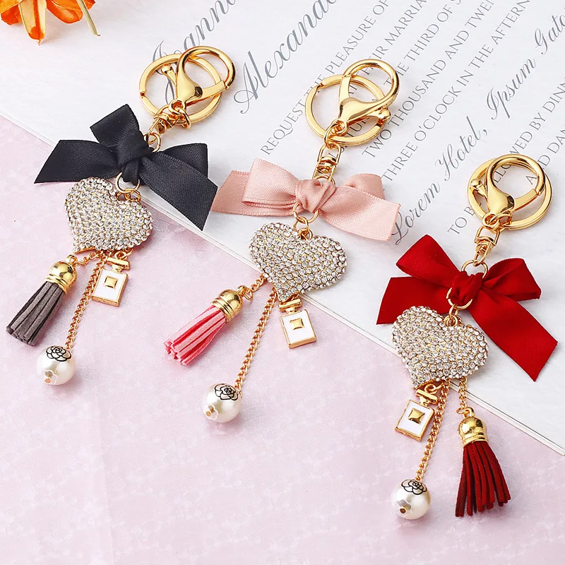 

crystal Rhinestone Heart Keychain bling for Women Bow Cute Car Tassel pearls perfume bottle keychain Accessories Girl Bag Charms