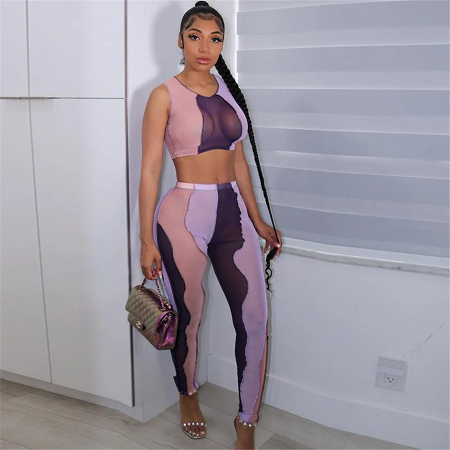 

Nibber K21S02003 New Style Patchwork Sleeveless Party Club Sexy See Through Transparent Tank Top & Leggings Set Women Pants Set, Orange/purple