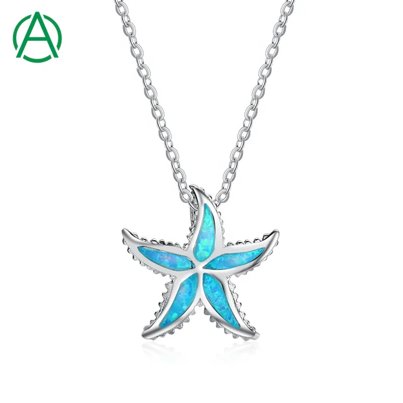 

Arthurgem 2022 New Ocean Plant Starfish Necklace Opal Starfish Pendant Necklace for Beach Holiday Jewelry S925 Silver Blue Cute