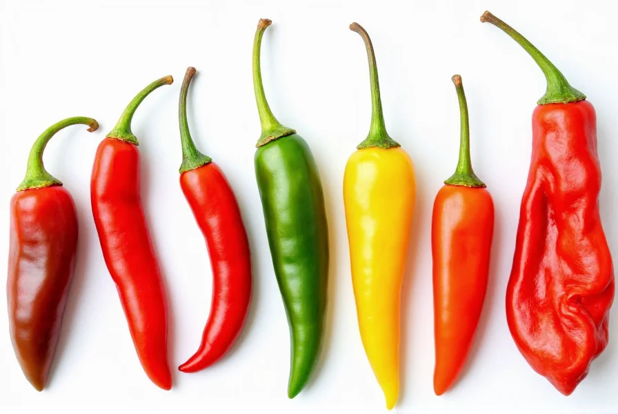 Close-up comparison of 10 different chili pepper varieties showing shape, color and size variations for identification purposes