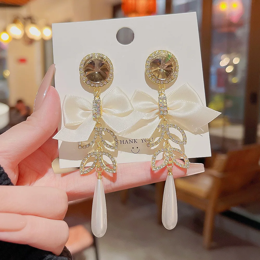 

Korean Silk Bow Knot Rhinestones Tassel big Pearl drop Earrings For Women Elegant Crystal Wed Bride 925 Silver Needle Earring