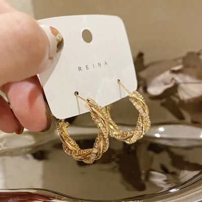 

Korean Simple S925 Silver Needle Crystal Circle Round Earrings Gold Plated CZ Twisted Hoop Earrings For Women Girls