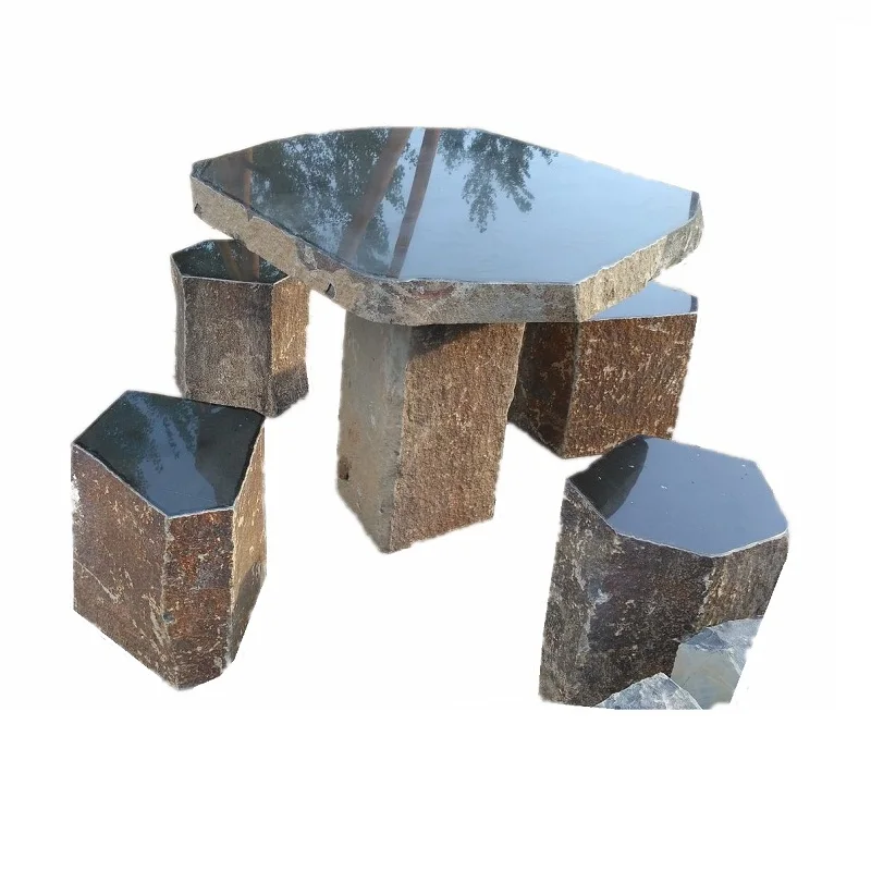 Patio Outdoor Black Basalt Granite Table And Bench