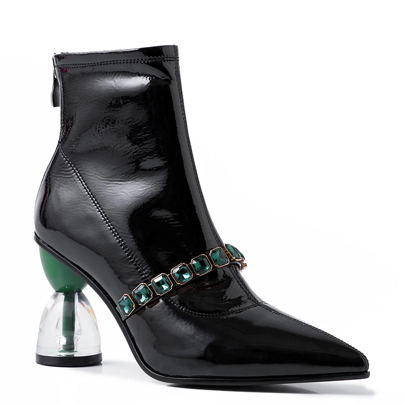 

WETKISS Wholesale High Quality Patent Leather Boots Strange Clear Heel Shoes High Heel Boots Women Shoes Winter Ladies Boots, Black, wine red