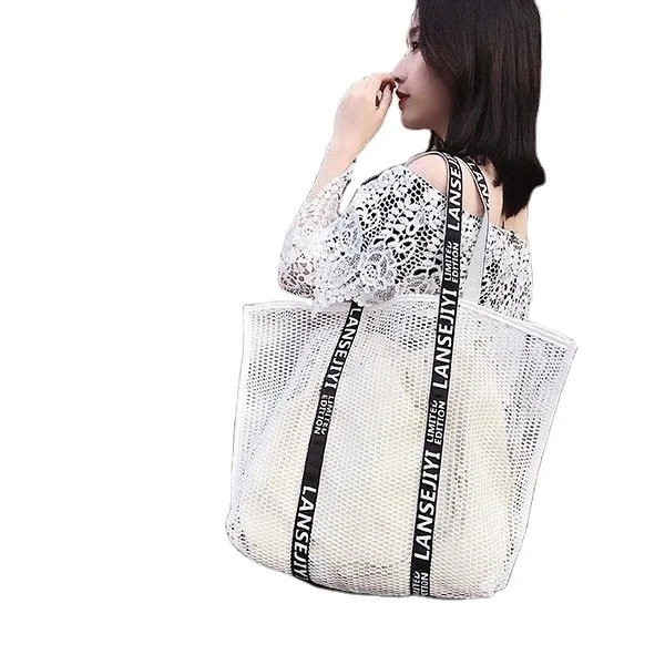 

Large Capacity Custom Large Capacity Mesh Beach Bag Cotton Mesh Beach Tote Bag, White/black/customization