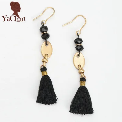 

Hot sale women black glass beads black thread tassel drop earrings with cheap price, Worn gold