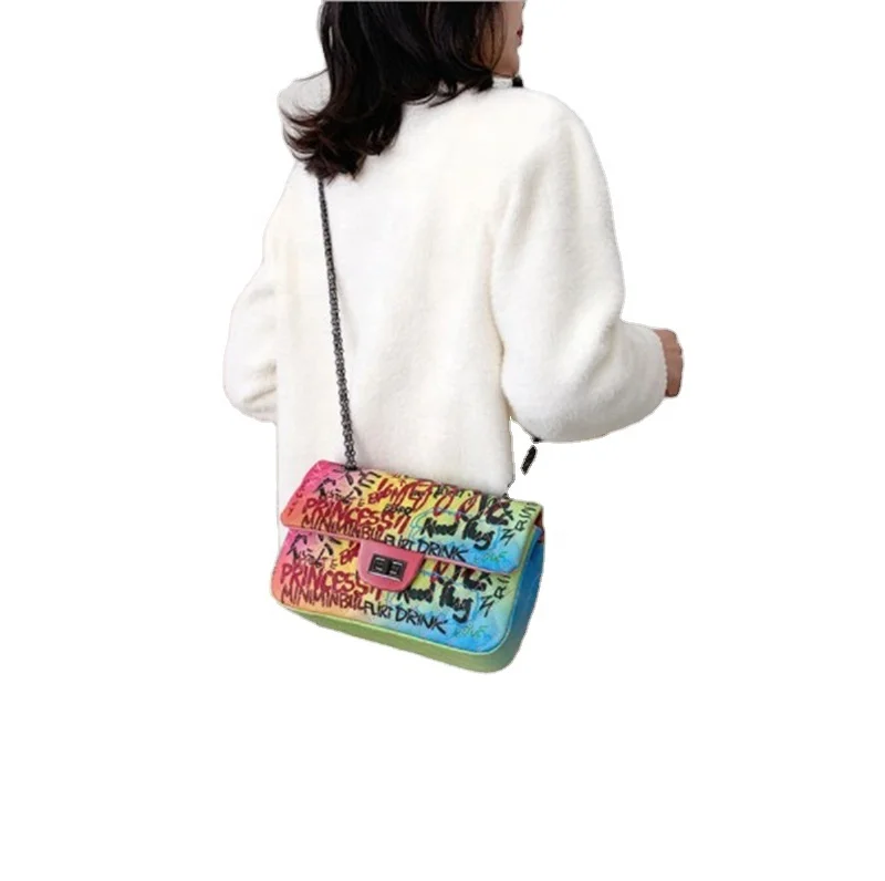 

hot sale fashion pu leather designed bags graffiti shoulder toto handbag, Colorful