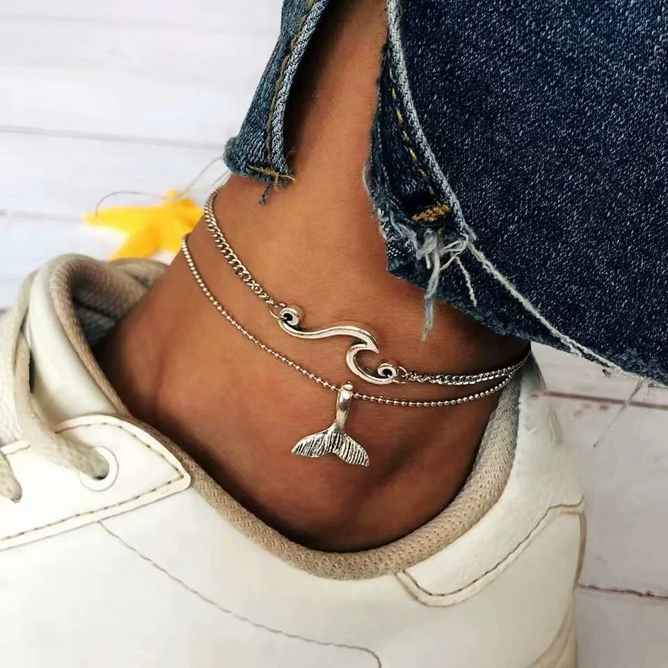 

Fashion Silver Link Anklet Set Beauty fish tail pendant link Anklet Ladies jewelry 2 Layer New Design Summer Foot Anklets, Gold color