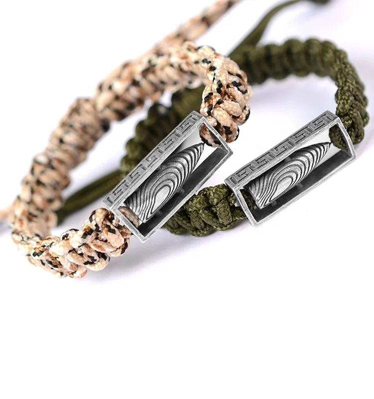 

Wholesale high quality S925 silver bullet shaped retro umbrella rope charm bracelet, Army green , rice white