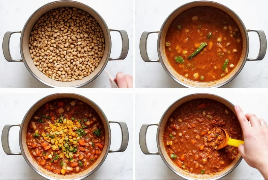 Step-by-step preparation of vegan bean chili showing sautéed vegetables, beans, and spices in a large pot