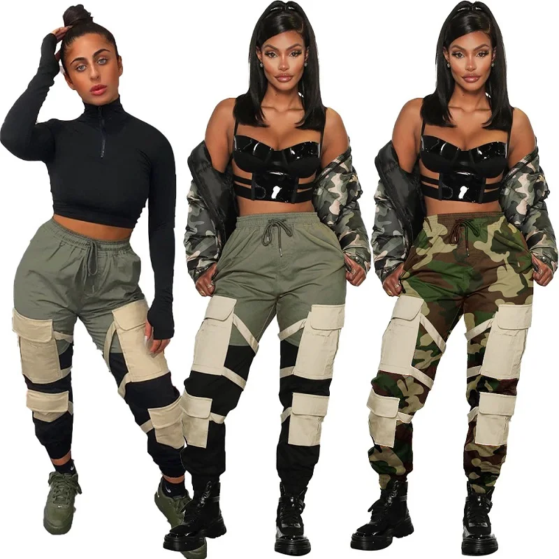 

Ladies stacked joggers Long pants with side pockets cargo Loose army pant Women Biker Cargo Pants