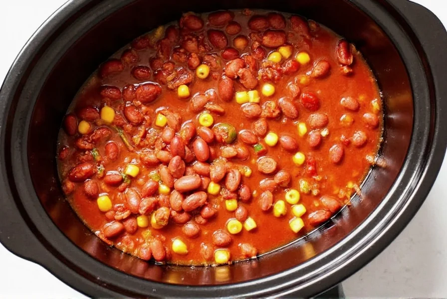 Slow cooker filled with rich red vegetarian chili showing beans, corn, and diced vegetables