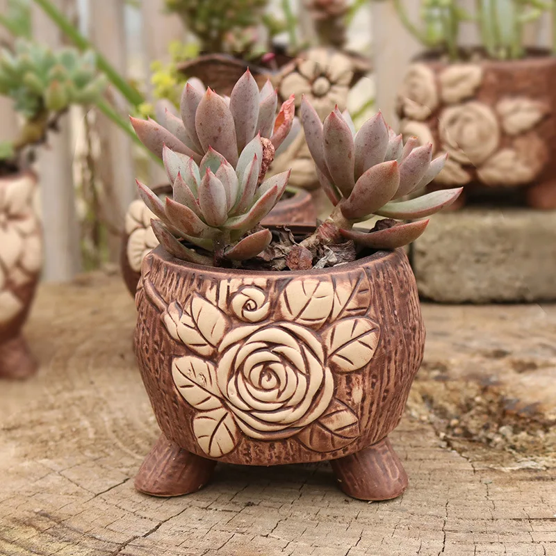 

Z 775 Hand Carved Retro Succulents Pots Coarse pottery Cactus Plants Pot Flowers Vase Hand-painted Desktop Decor Flower Pot