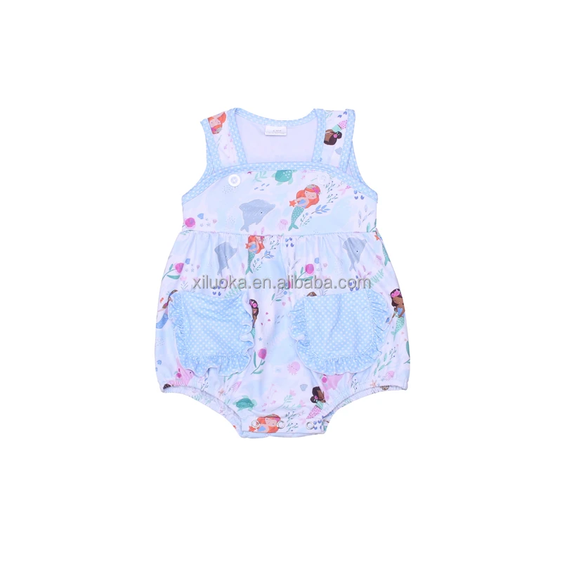 

New Style Sleeveless Toddler Boutique Clothing Snap Design Baby Girl Mermaid Romper with Pocket