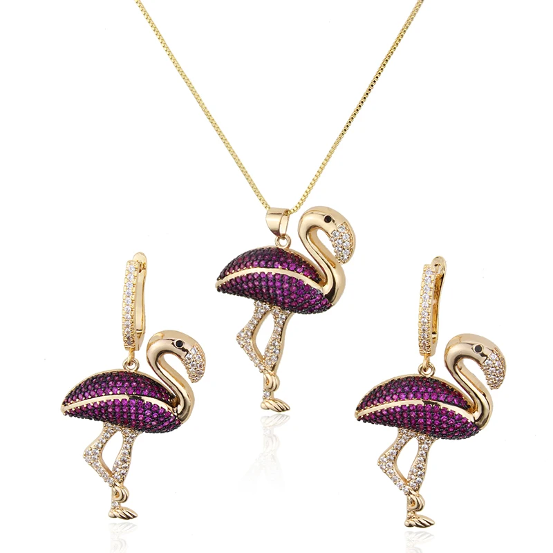 

Zircon Inlaid Gold Plated Flamingo Pendant And Earrings Jewelry Set For Women