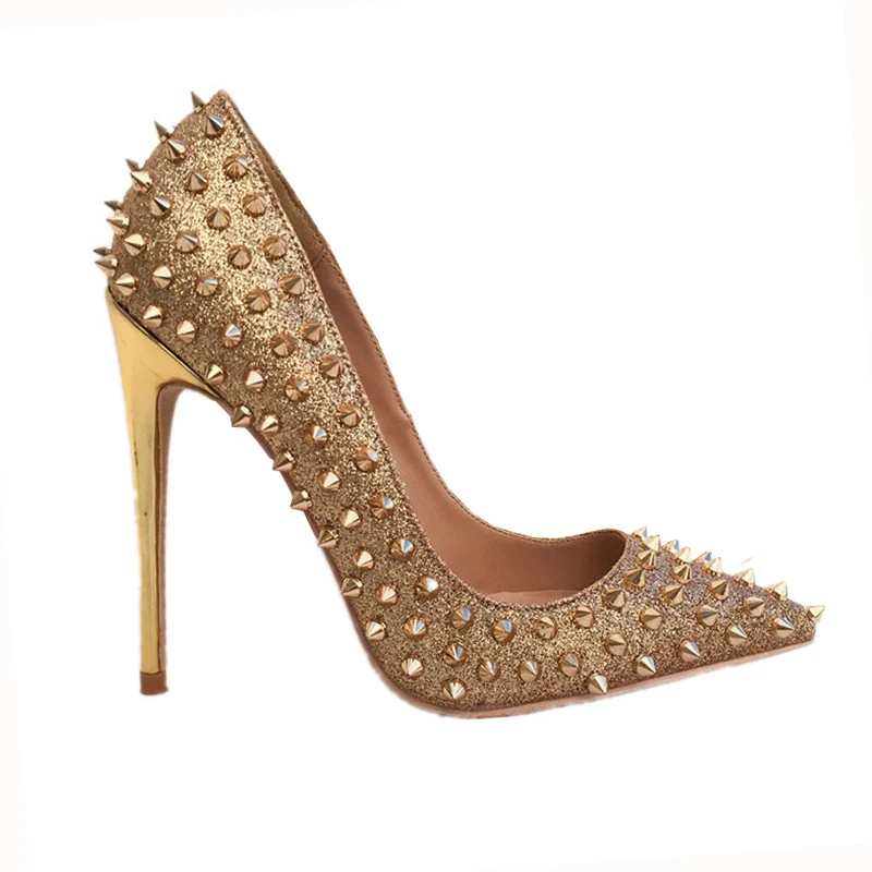 

ODM&OEM design women shoes fashionable high heels golden Rivet dress shoes for women studded shoes stilettos heels pumps, Gold