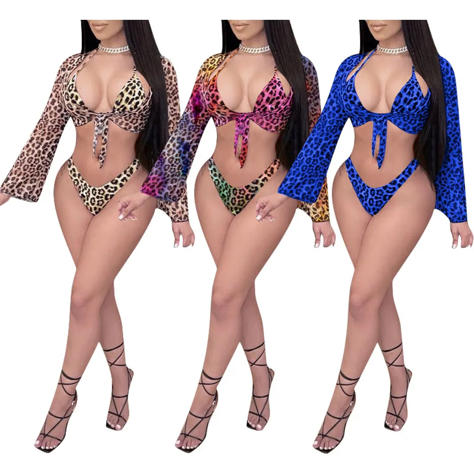 

FS2743D sexy women Summer beach bikini dress 3 piece set Swim Wear Leopard Print Swimsuit