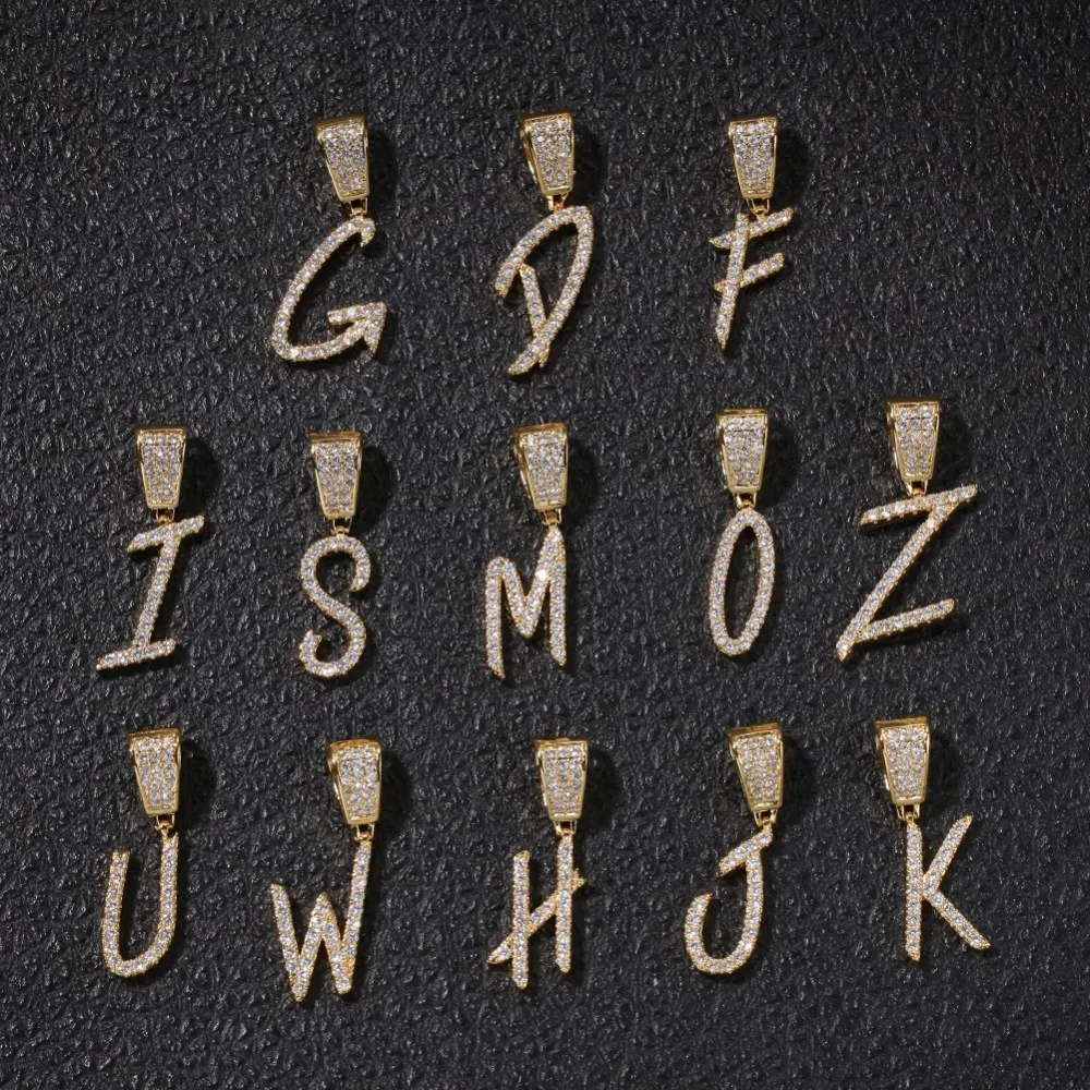 Africa Hip Hop 18k Gold Cursive Letters Custom Name CZ Bling Letter Pendant with Necklace initial letter pendant necklace