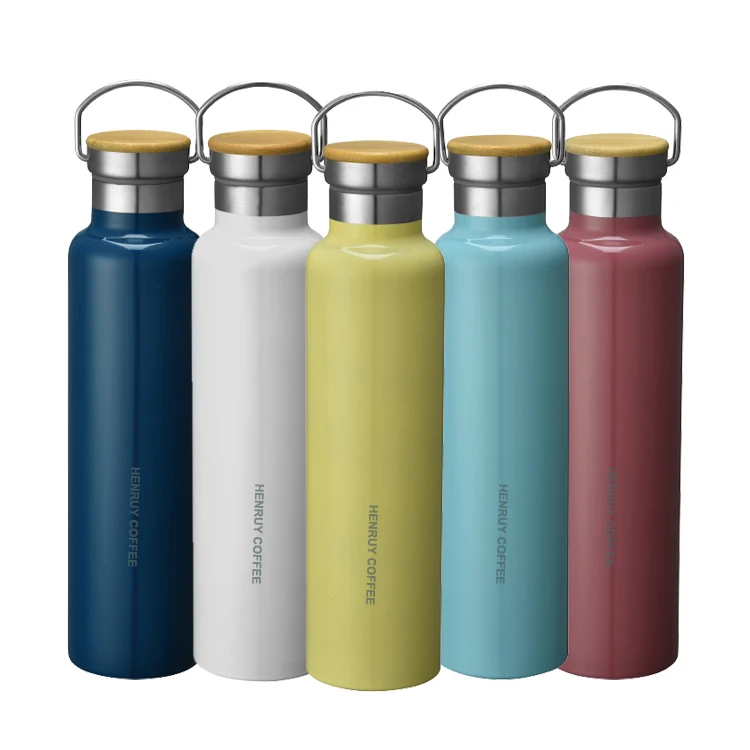 

Stock 750ml Leak Proof bottle of water custom logo water bottle water bottle insulated with bamboo lid, Powder coated black,powder coated white,powder coated blue