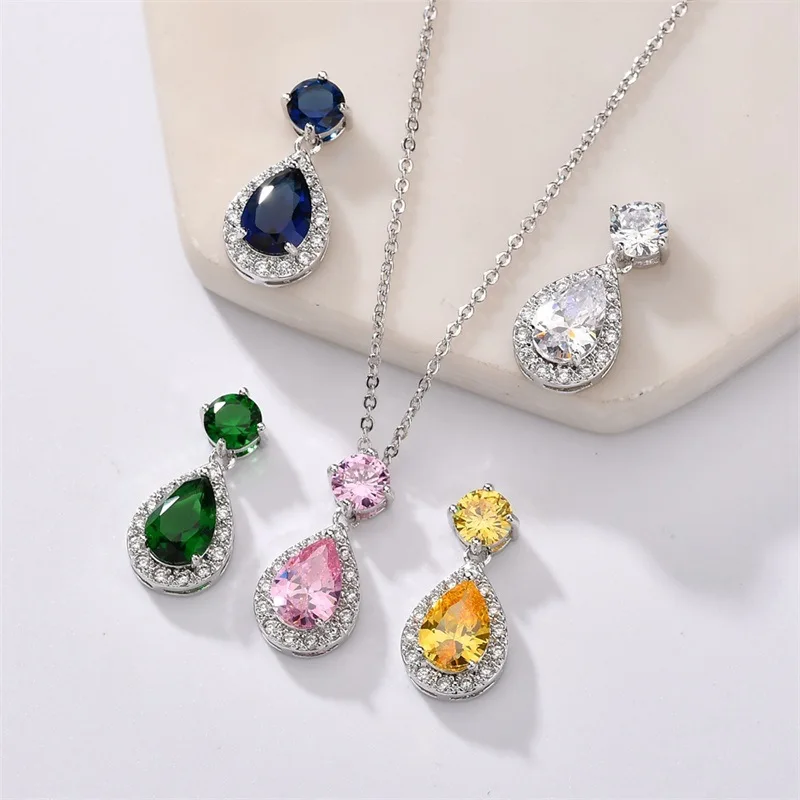 

luxury waterdrop pendant necklace cubic zirconia earrings women fashion jewelry sets for wedding party Best Gift Wholesale