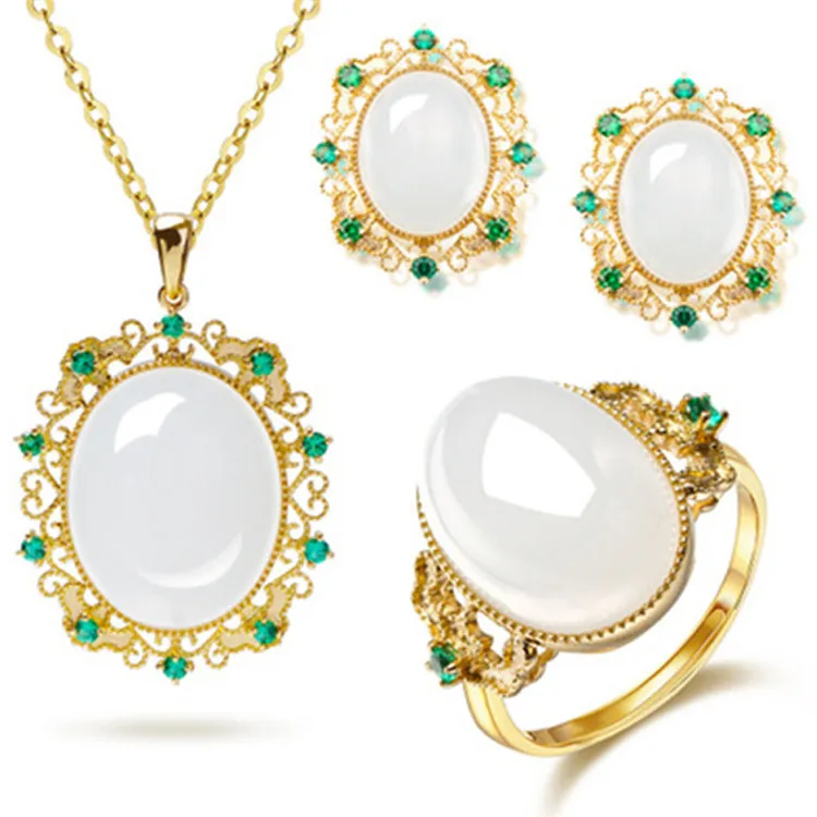 

Ring Earrings Pendant Necklace Set Jewelry Adjustable Ring Women Jewelry Set, Gold