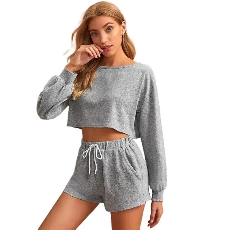 

Simple Design Long Sleeve Short Jogging Set Loose Summer Two Piece Set Women