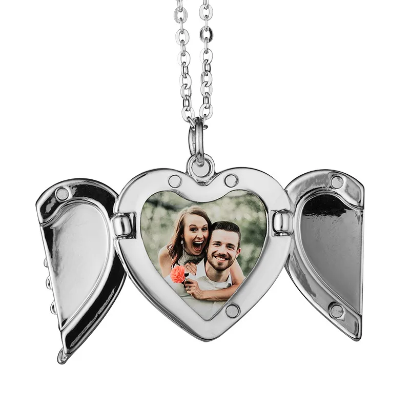 

Custom Zinc Alloy Openable Foldable Angel Wings Blank Sublimation Jewelry Blanks Heart Shape Pendant Necklace For Sublimation, Silver