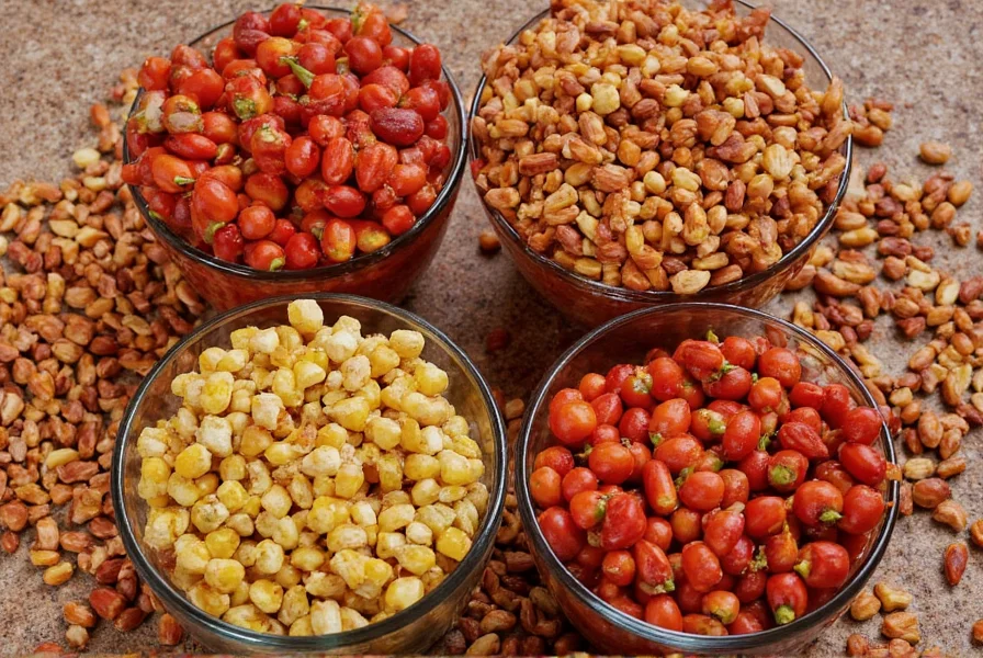 Four different regional super chili variations in bowls with distinctive ingredients visible