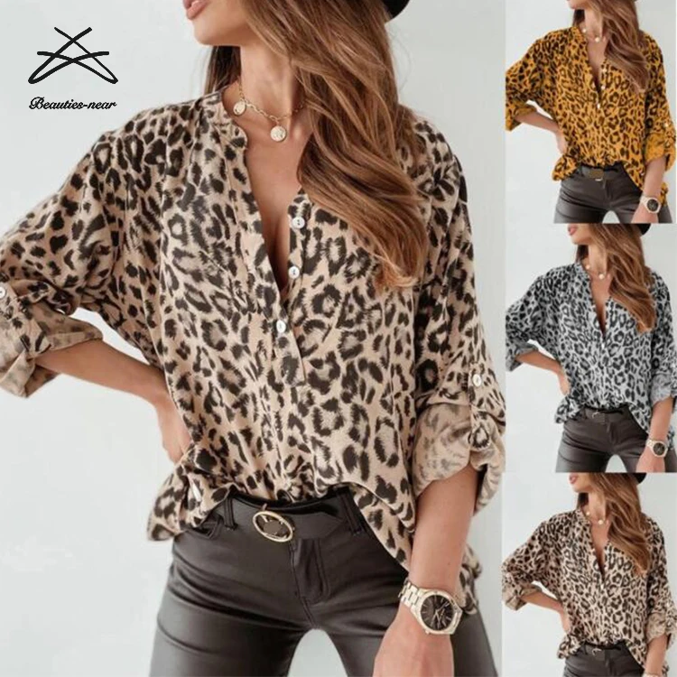 

2021 Spring Ladies Fashion Leopard Print Casual Sexy Print Long Sleeve Women Shirt Tops Blouse, Yellow,gray,khaki