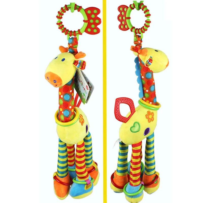 Plush Infant Baby Soft Giraffe Animal Handbells Rattles Handle Toys Hot Selling WIth Teether custom Rattles