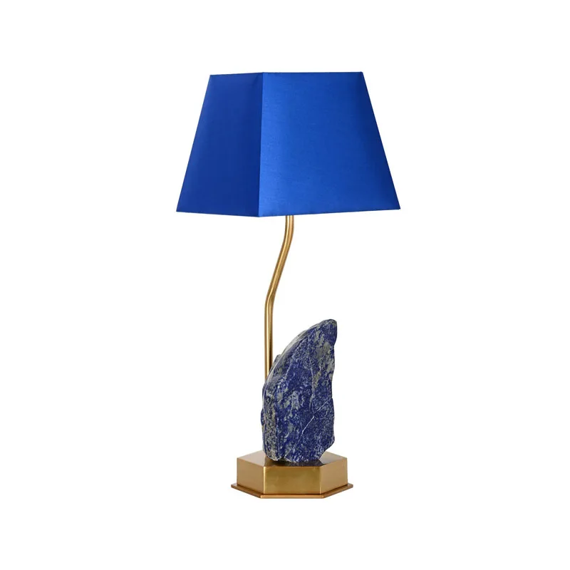 Blue Natural Lapis Stone Table Lamp Antique Bedroom Lamp for Decoration Room Light