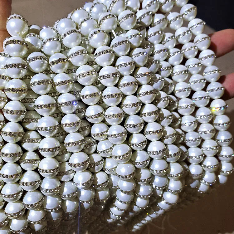 

SP4229 Wholesale Strand String Beads Crystal Diamond Paved White Shell Pearl Loose Beads