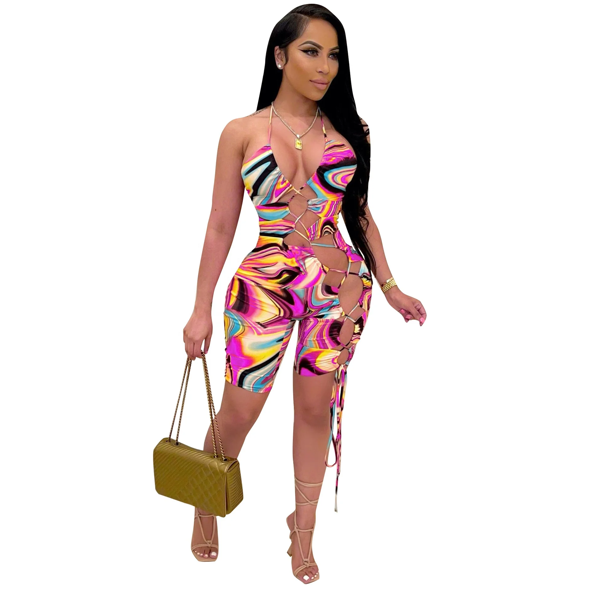 

AI45-2131 3 colors Summer women's fashion sexy suspenders tie-dyed hollow digital print jumpsuits